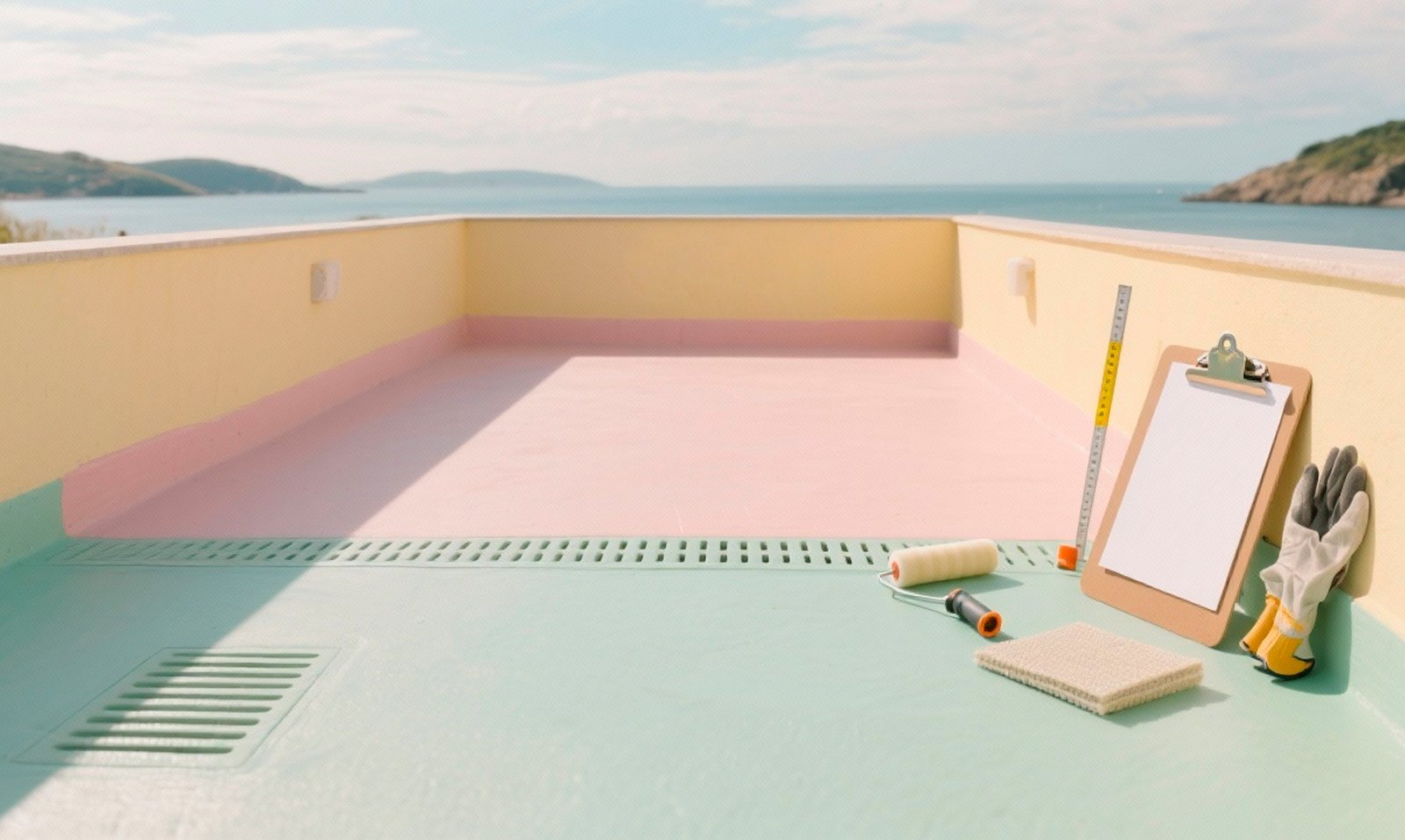 Superficie de terraza en PRFV con desagüe y herramientas listas para presupuesto en Pontevedra