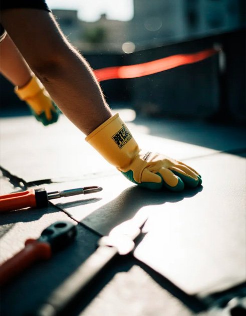 Manos con guantes aplicando PRFV en sumidero con media caña y gel-coat
