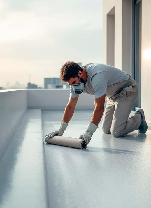 Aplicación de PRFV con rodillo en terraza, acabado antideslizante y sellado de desagüe en Pontevedra