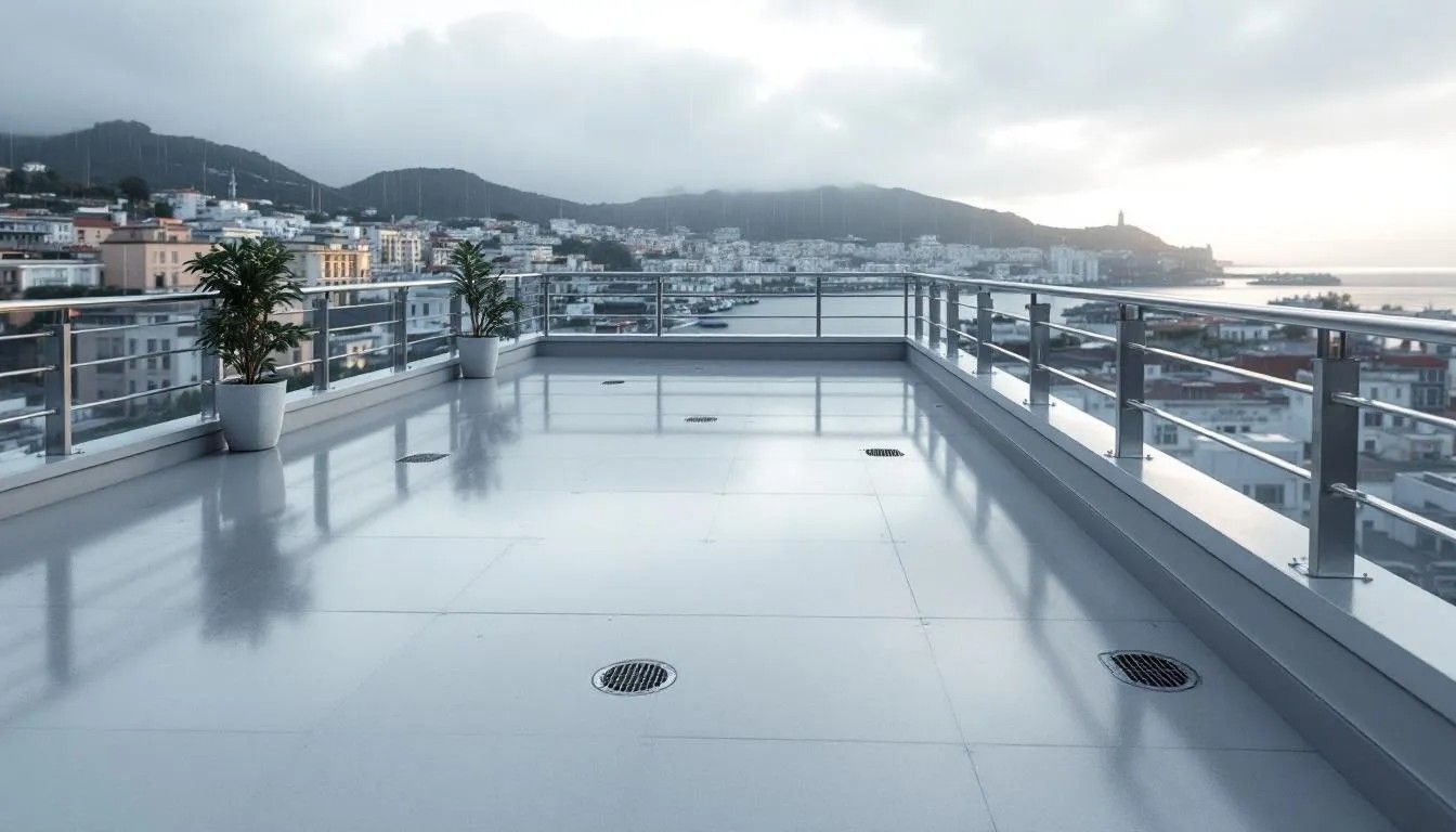 Terraza impermeabilizada con PRFV, acabado antideslizante, vista costera en Pontevedra.