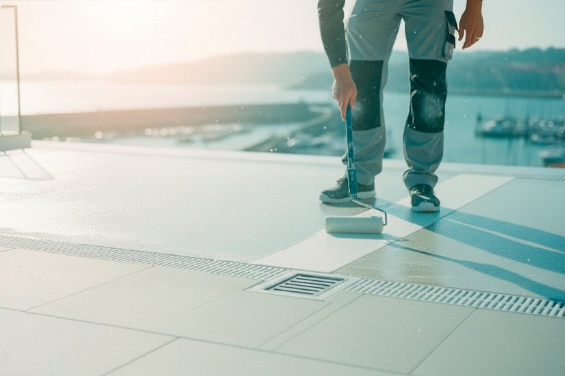 Aplicación de PRFV en terraza con acabado sin juntas; referencia a piscina y costa de Pontevedra